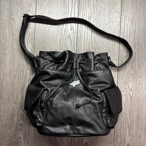 Fox Racing Black Faux Leather Bucket Bag Crossbody Drawstring Side Pockets Y2k